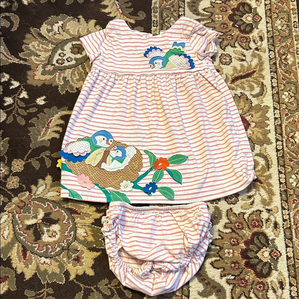FREE WITH PURCHASE: Baby Boden Striped Pink Baby Dress with Bird Appliqué